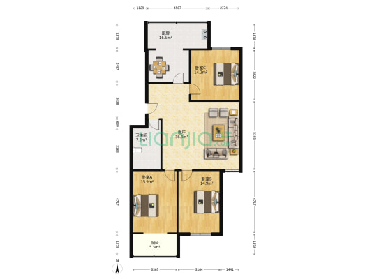 和平花苑 3室1厅1卫 131平方