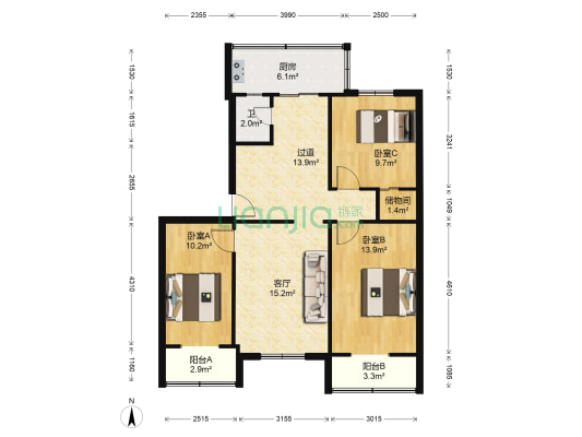 陕西省科技培训中心 3室1厅1卫 94平方
