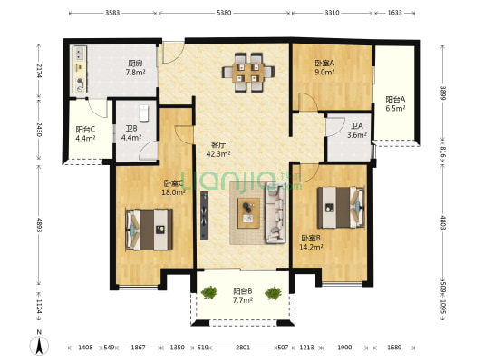 中海寰宇天下 3室1厅2卫 140平方