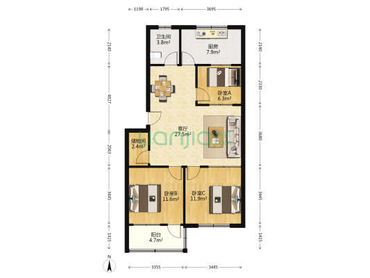 光明小区南区 3室1厅1卫 95平方
