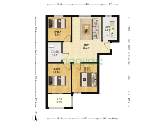 南北通透三居 中间楼层采光好 交通便利-户型图