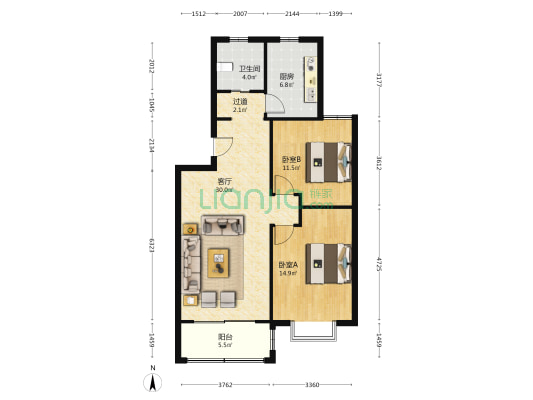 新世纪花苑 2室1厅1卫 93平方
