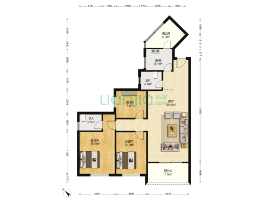 锦城天秀 3室1厅2卫 118平方