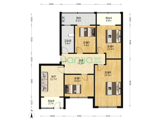 海员宿舍 4室1厅1卫 106平方