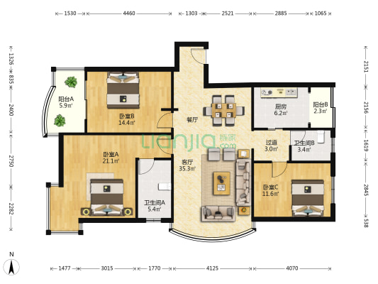 宝华雅苑 3室1厅2卫 133平方