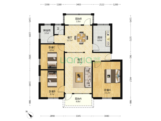 桥北二区 3室2厅2卫 86平方