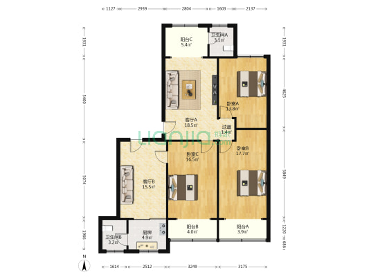 华西园 3室2厅2卫 134平方