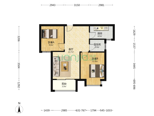 龙栖湾3号院 2室1厅1卫 75平方