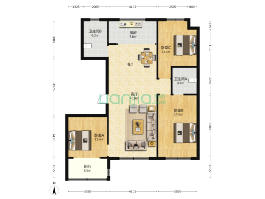 城美广场 3室1厅2卫 150平方