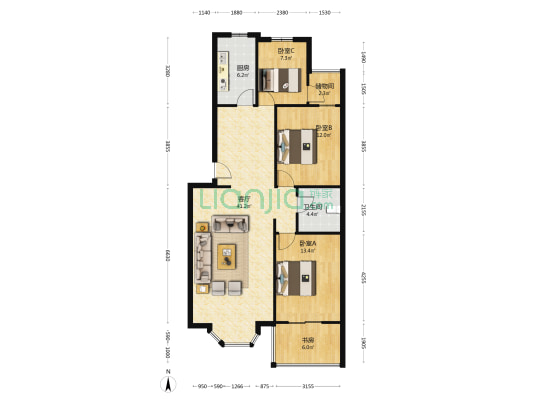 德信公园旁 改善型小区 社区物业不错 南北通透3居-户型图