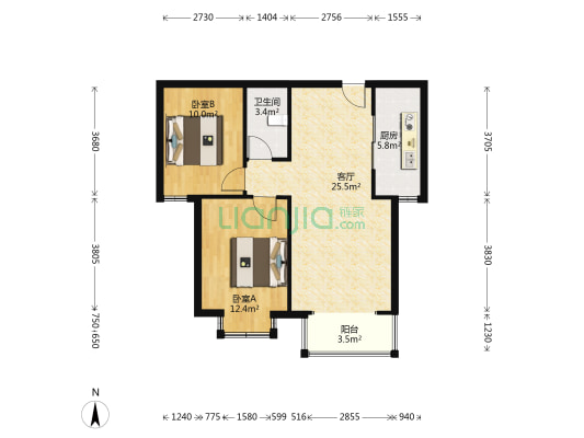 北京理想城 2室1厅 南-户型图