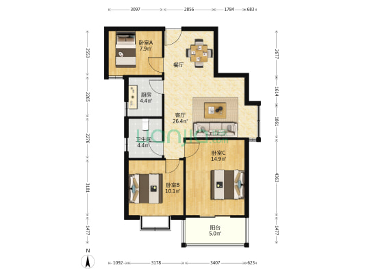 城市印象 3室1厅1卫 96平方