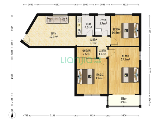 东莲大厦 3室1厅1卫 114平方