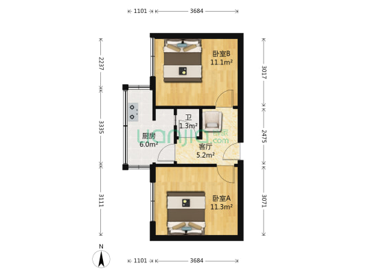 并州饭店宿舍 2室1厅1卫 51平方