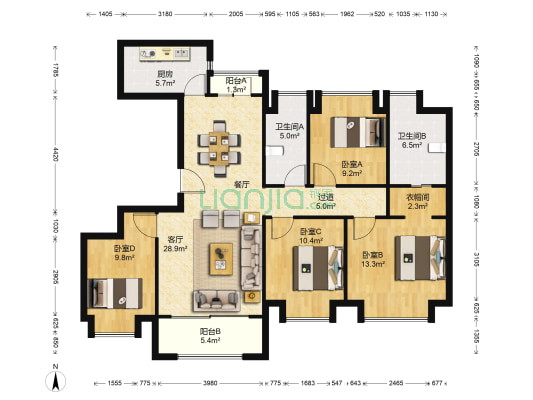 静安府西区 4室1厅2卫 134平方