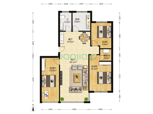 青青世界 3室2厅1卫 191平方