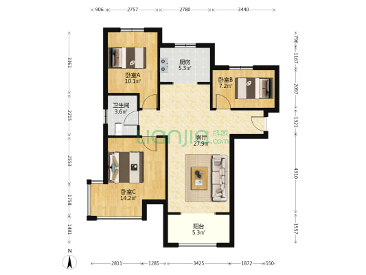 边户 明卫 主卧转角窗3居 南北通透 小区西侧 将满五-户型图