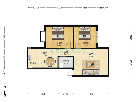 电信局宿舍（二环东路） 2室2厅1卫 65平方