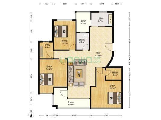 丽都城市花园 4室1厅1卫 139平方