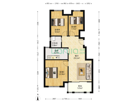 市北祥腾麓源 3室1厅1卫 85平方