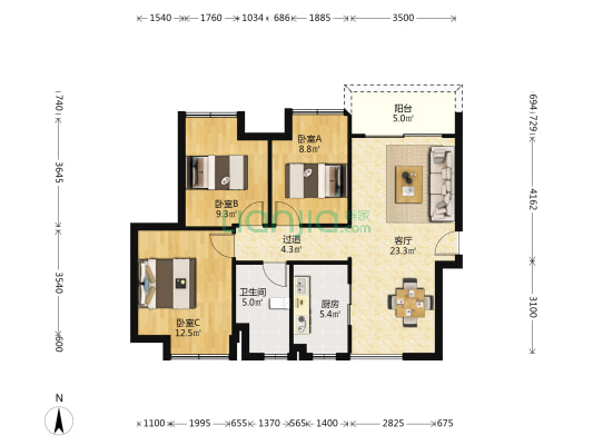 平沙九号花园一期 3室1厅1卫 85平方