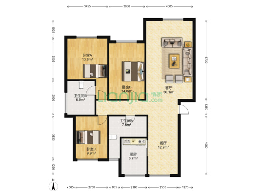 蝶景园 3室2厅2卫 135平方