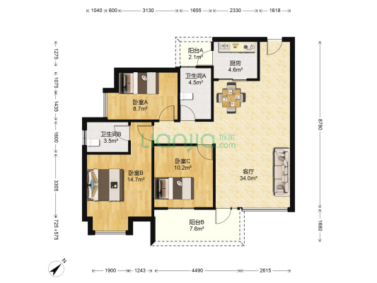学府1号 3室1厅2卫 109平方