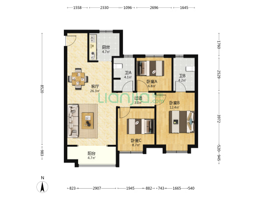 万达天骄 3室1厅2卫 110平方