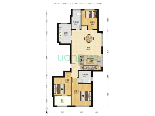 绿城御园 3室1厅2卫 123平方