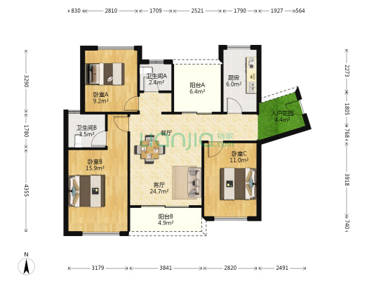 江滨华府(新房) 3室1厅2卫 98平方