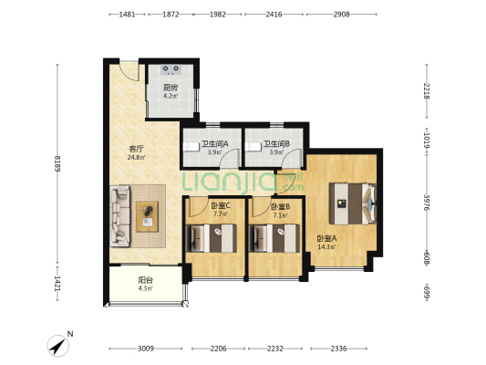 保利时光印象 3室1厅2卫 85平方