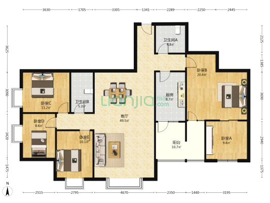 布艺大厦 5室1厅2卫 172平方