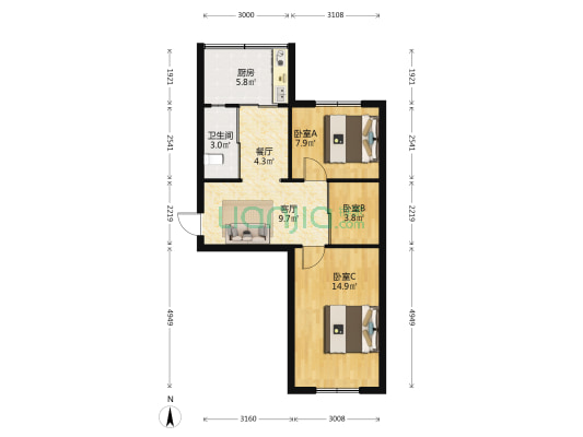 长江街95号 3室2厅1卫 58平方