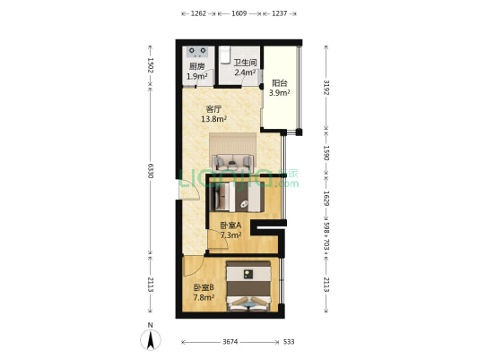 承翰南联公馆 2室1厅1卫 52平方