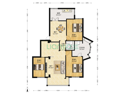 轻工局宿舍 3室2厅2卫 106平方
