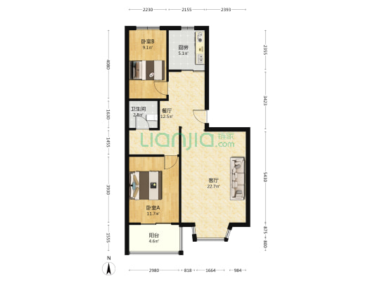 名流枫景五期 精装修两居室 好楼层 税费低-户型图