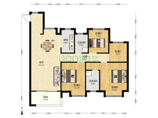 中海观澜府 4室1厅2卫 125平方