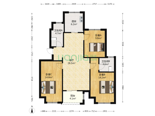 书韵名邸 3室1厅2卫 89平方