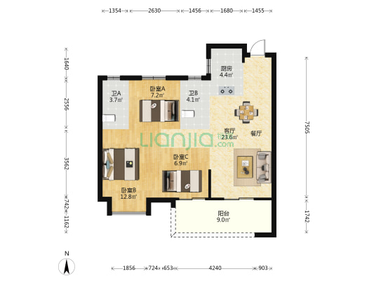 金辉观澜云著C区 3室1厅2卫 88平方