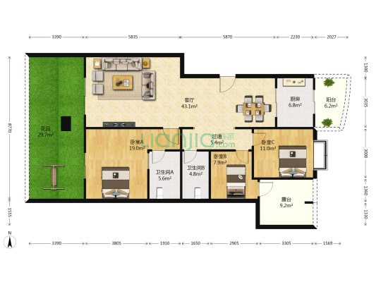 彩虹花园 3室1厅2卫 137平方
