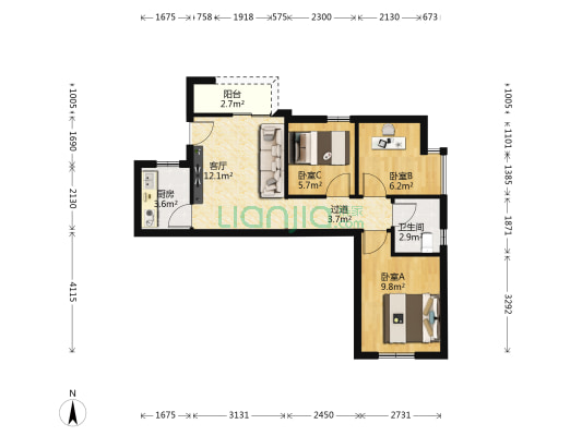 湖边花园A区 3室1厅1卫 72平方