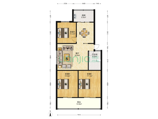 祥和小区花园楼 3室1厅1卫 117平方
