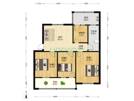 园艺场66号院 3室1厅1卫 102平方