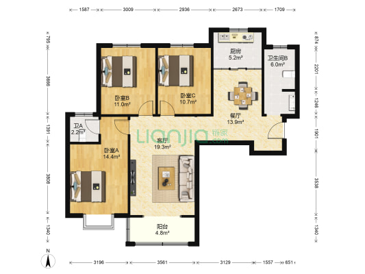 百合嘉苑 3室2厅2卫 120平方