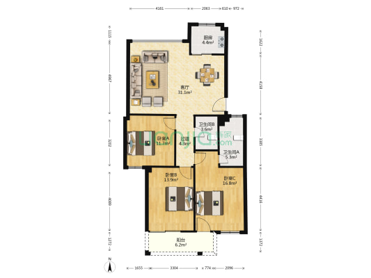 清源家园 3室1厅2卫 115平方
