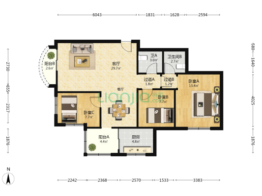 定安海景公寓 3室1厅2卫 104平方