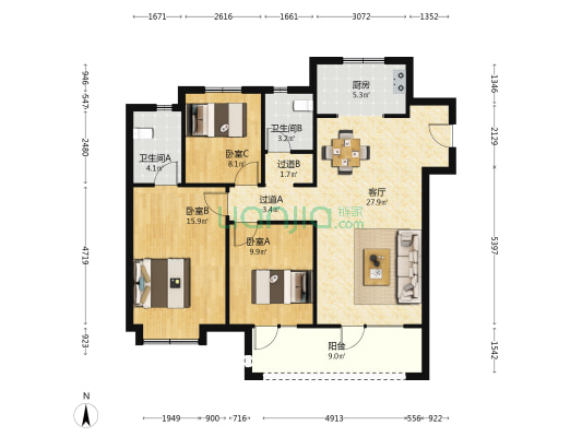 青岛世茂正北云嶺四季 3室1厅2卫 118平方