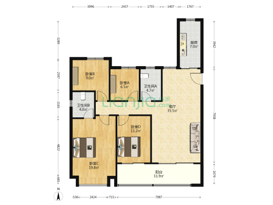 恒大云玺华庭 4室1厅2卫 142平方
