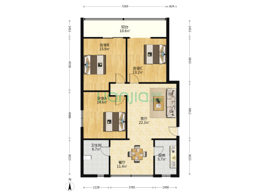 实业街23号 3室2厅1卫 105平方
