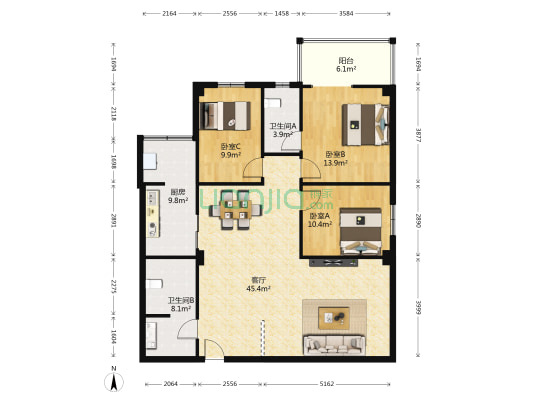 居业家园 3室1厅2卫 140平方